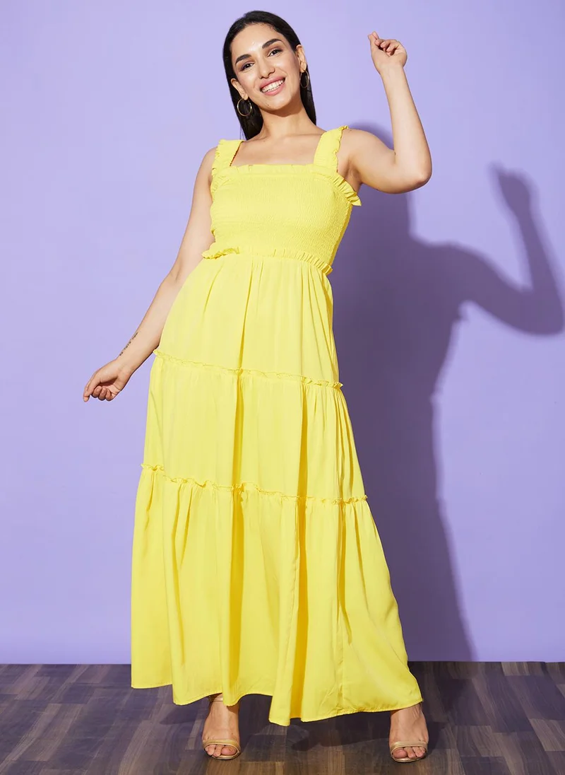 globus Globus Women Yellow Georgette Shoulder Strap Tiered Fit & Flare Party Dress